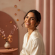 A smiling young woman, mid-shot, against a clean backdrop with blush peach and terracotta accents.