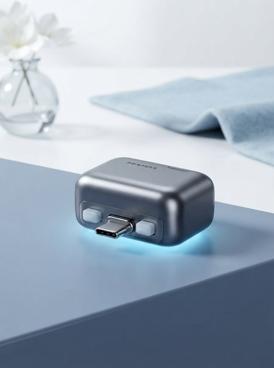 Smart charger adapter on a slate blue surface in a bright white studio setting.