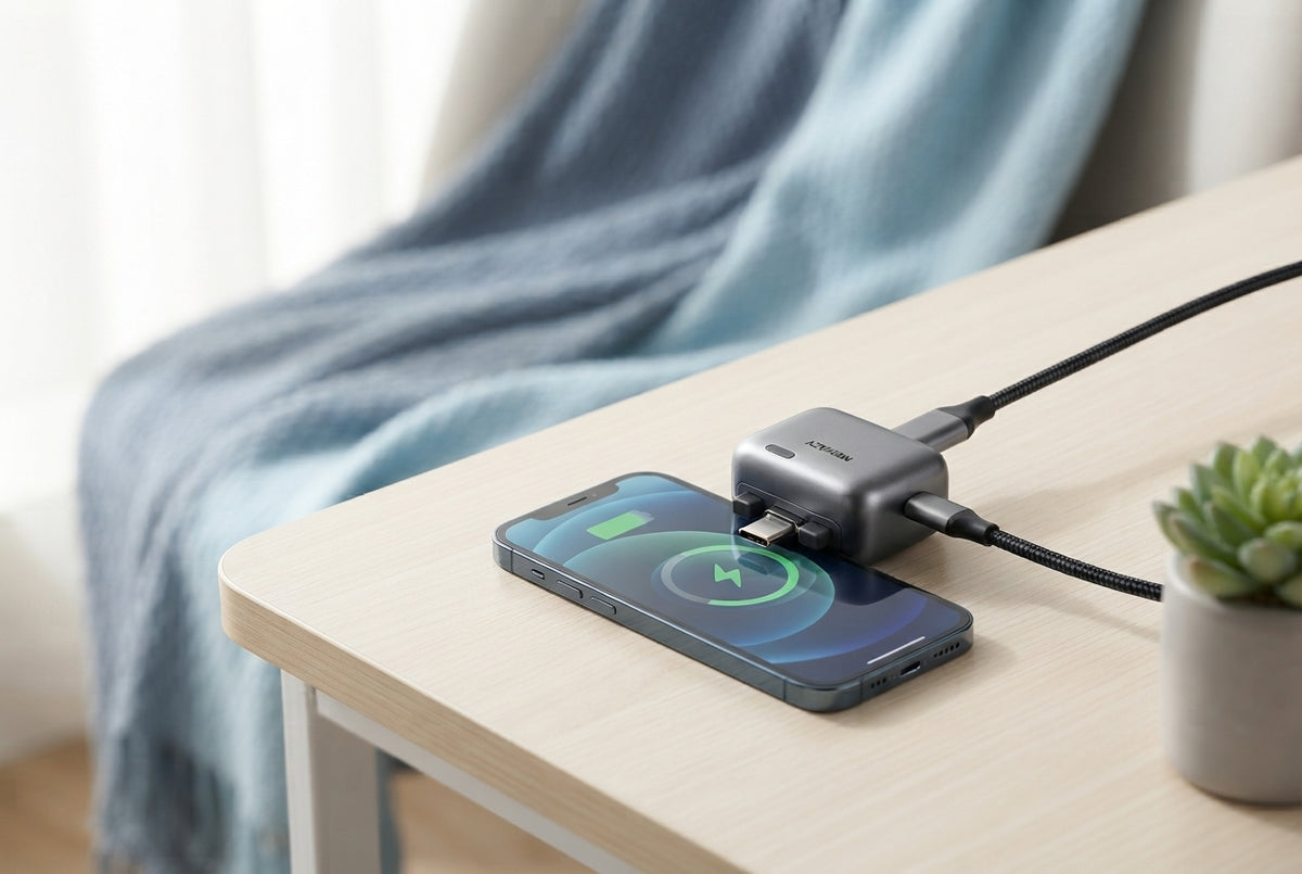 A smart charger adapter connected to a smartphone on a minimalist desk with soft blue interior decor.